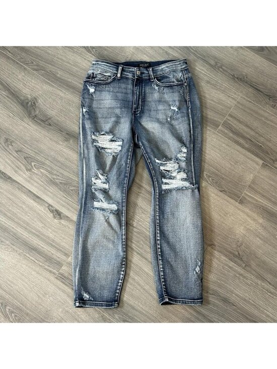 Judy Blue Denim - Judy Blue Jeans Womens 14W Blue Boyfriend Fit High Rise Distressed Stretch Denim